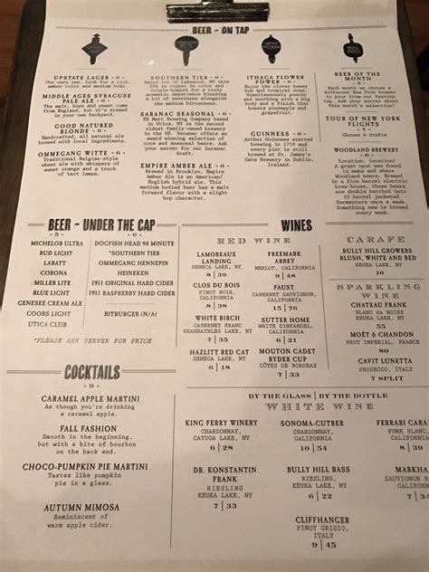 upstate tavern menu turning stone  One of more than 20 restaurants on property, you’ll find one of Central New York’s best Italian restaurants about 35 minutes east of Syracuse, 25 minutes west of Utica and 15 minutes southwest of Rome